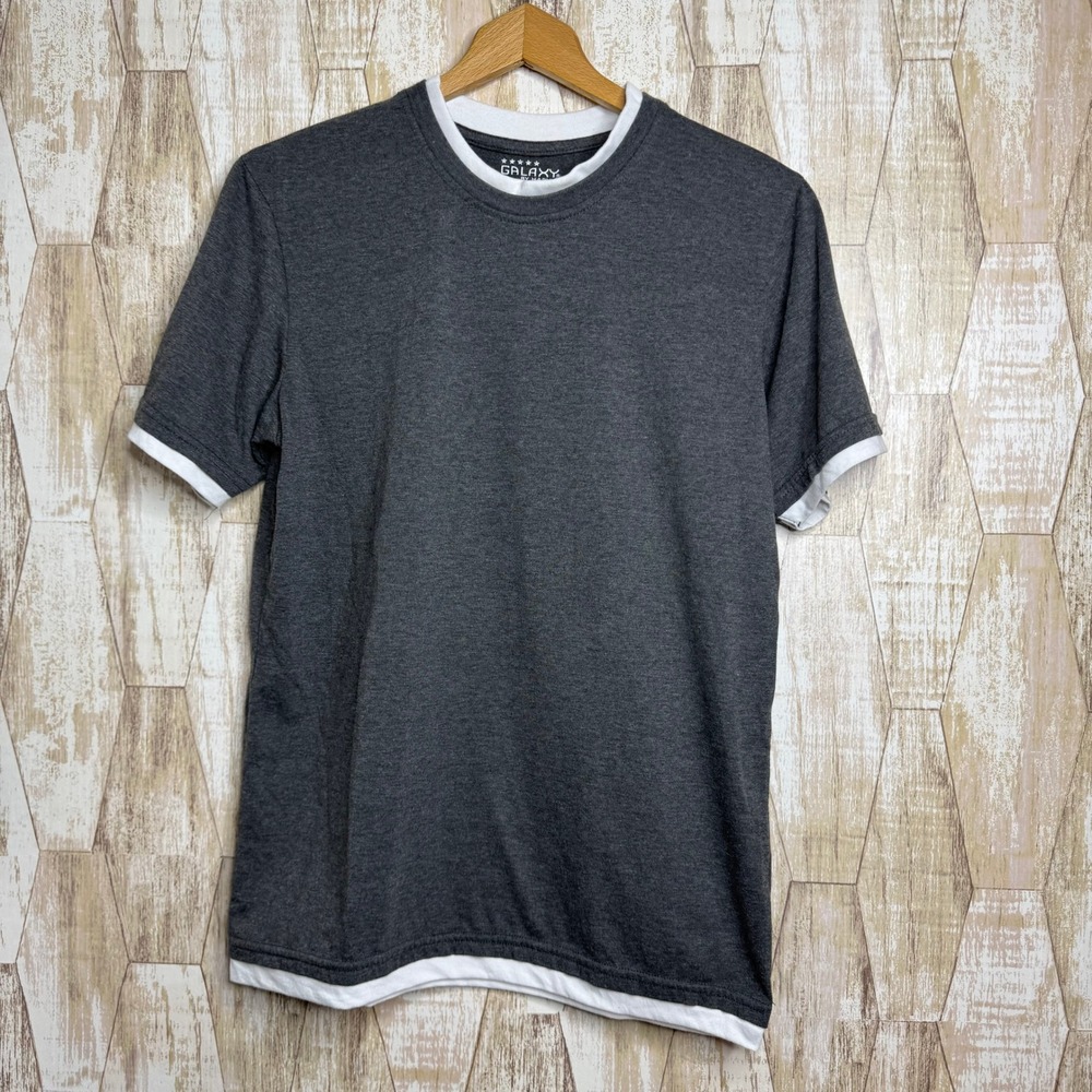 Galaxy by Harvic Mens Layered Look‎ Crewneck T-Shirt Charcoal Gray White Size M